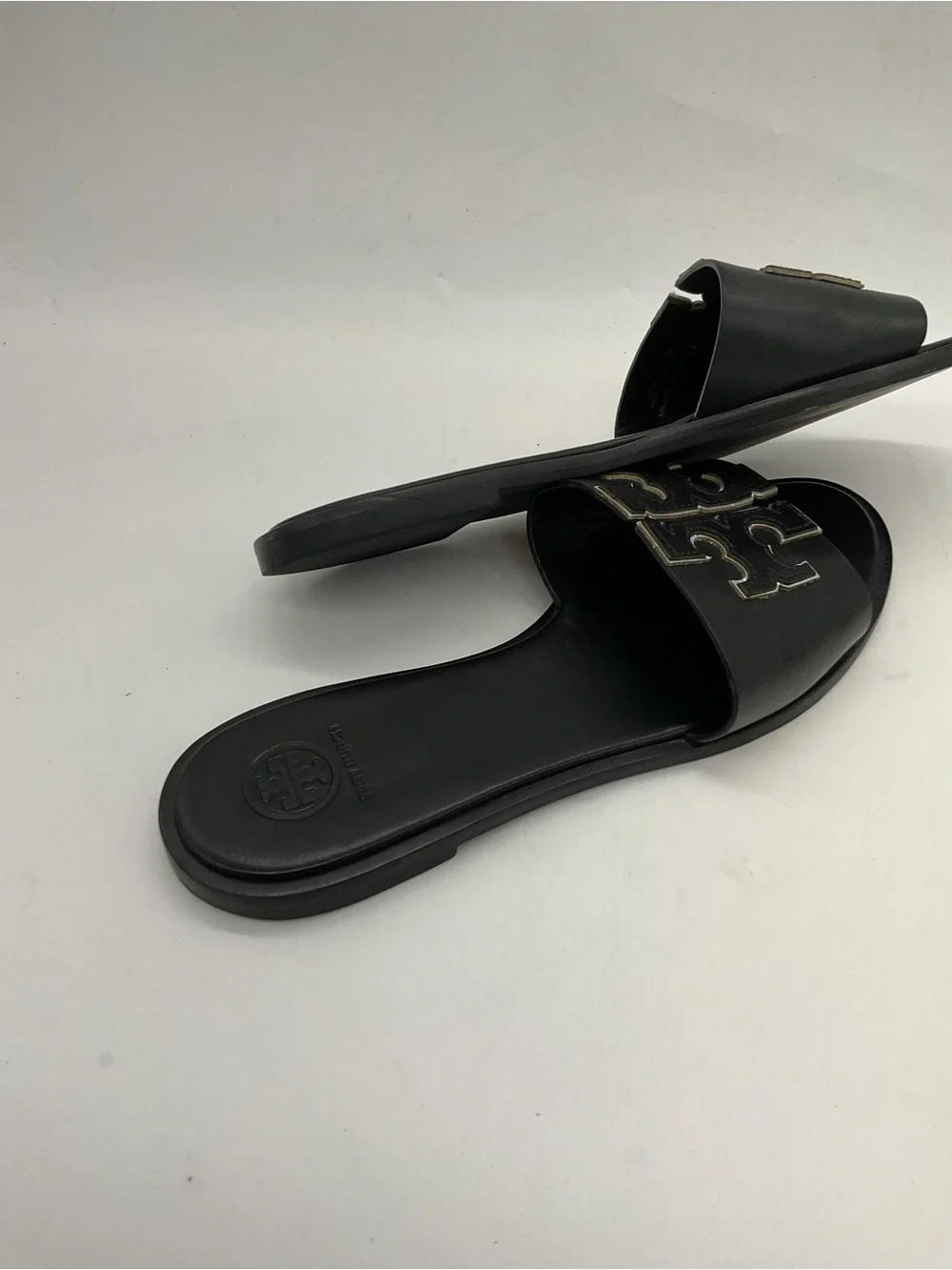 Tory Burch Black Leather Slide Sandals with Contrast Logo